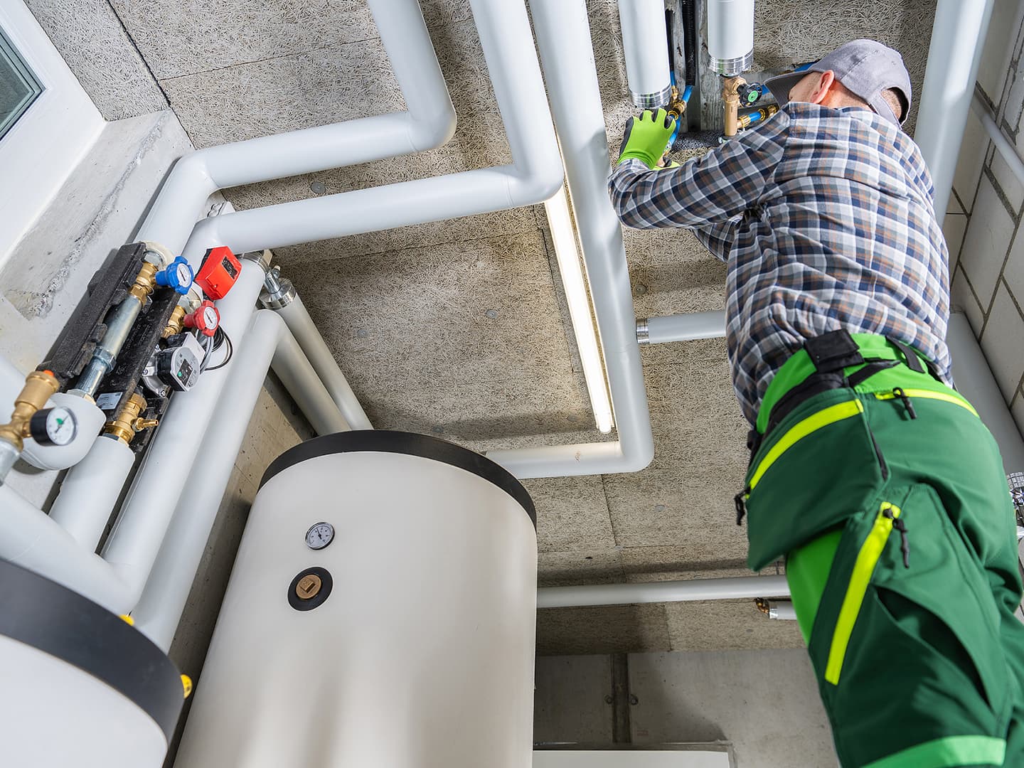 A commercial plumber works with pipes