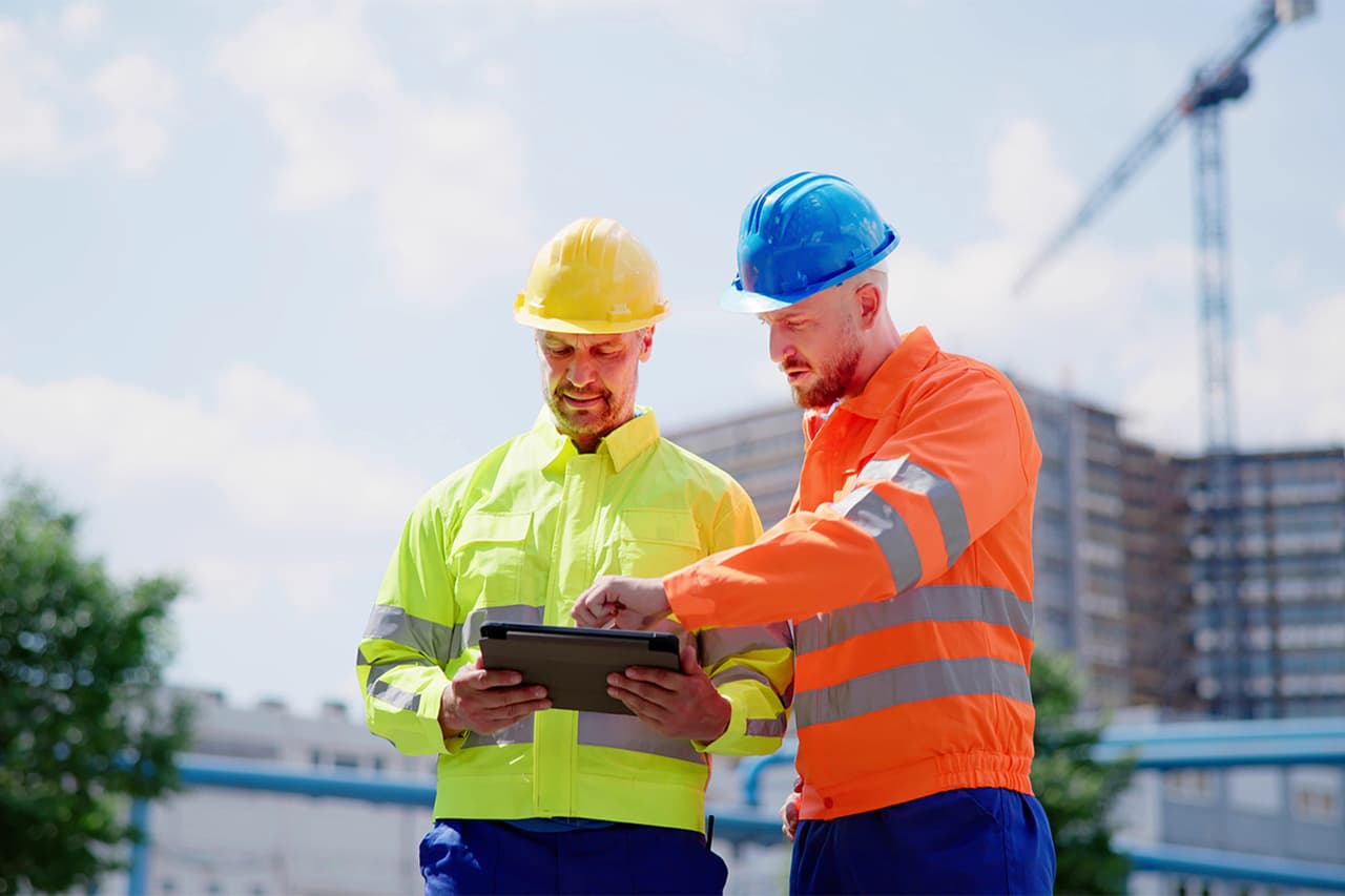 Two commercial contractors check job status on a tablet