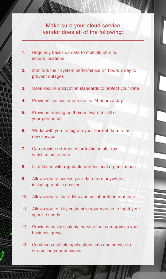 a list of items your cloud service vendor should be providing