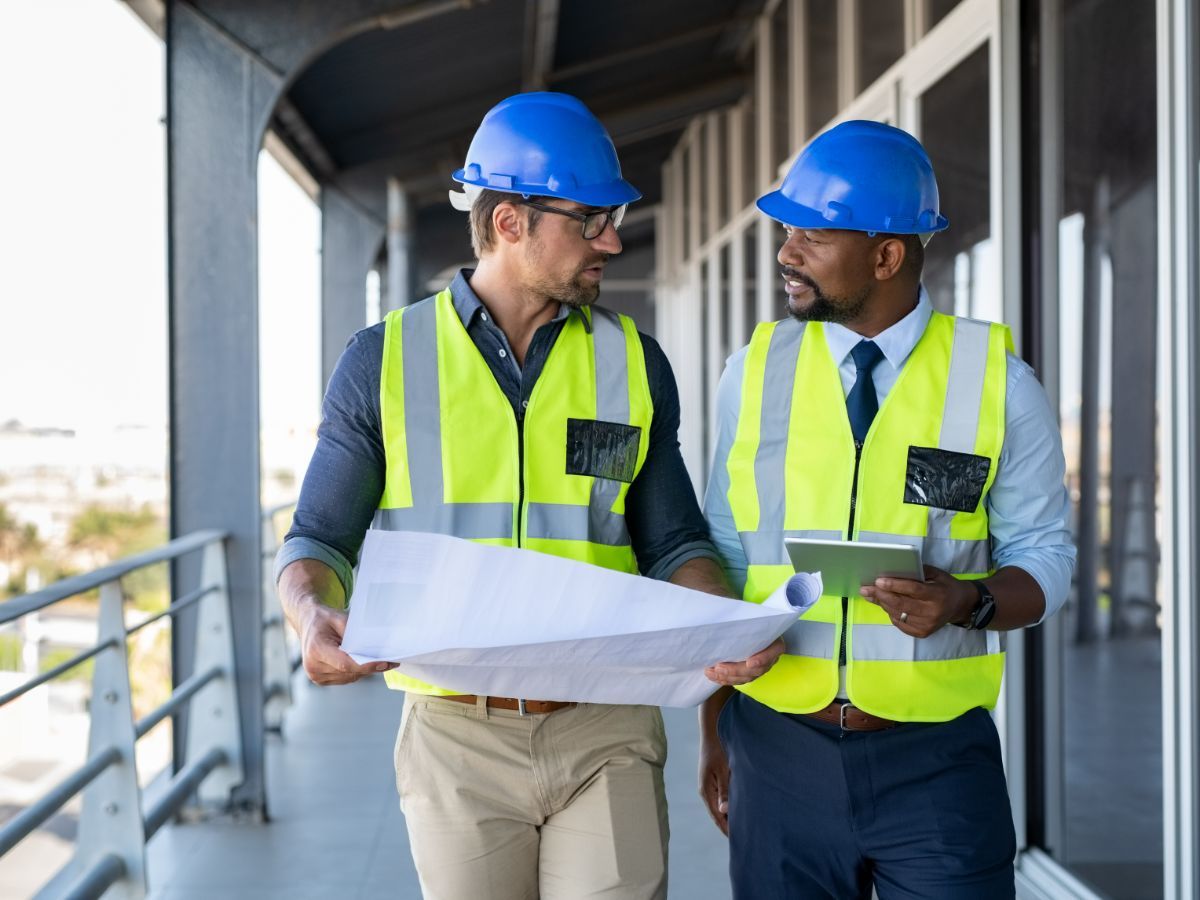 Two project managers discuss the efficiency of a project at a work site.